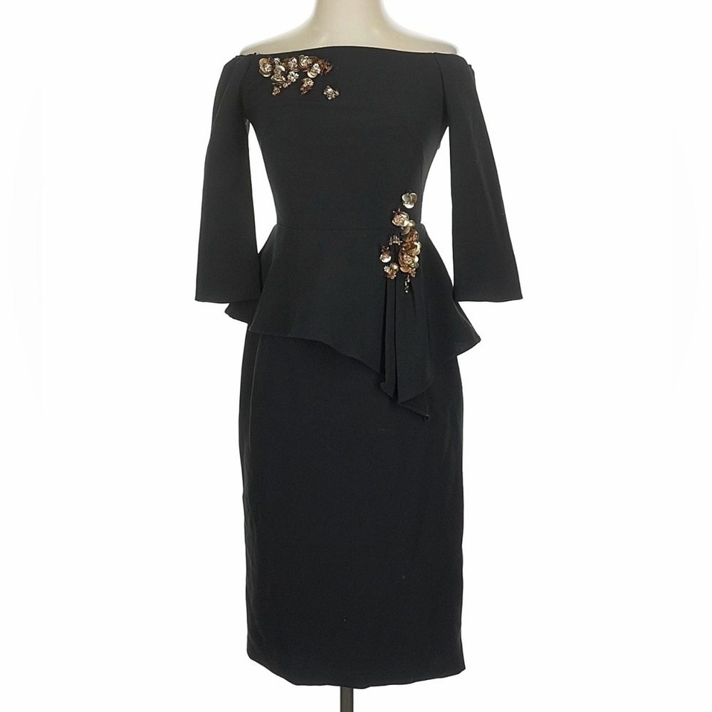 NWOT THEIA Off-The-Shoulder Peplum Cocktail Dress - Floral Appliqué Black Sz0